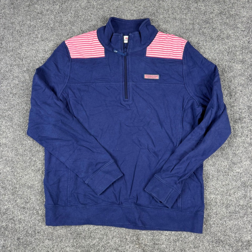 Vineyard Vines Pullover Mens Size L Navy Blue Cotton Striped Trim Quarter Zip